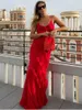 Urban Sexy Dresses 2024 Elegant Red Chiffon Womens skjutkjol Sexig italiensk nudel axelband backless spets ruffle long maxi aftonparty prom klänning d240510