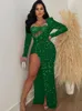 Sıradan Elbiseler Beypern Muhteşem Yansıma Sequin Maxi Elbise İki Parça Set Glam Rhinestone Dantel Bodysuit Sequins Slit Doğum Günü Kulübü