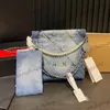 22 Gradient Blue Denim Classic Mini Quilted Shopping Shoulder Bag With Pearls Chain Clutch Silver Coin Charm Metal Hardware Matelasse Chain Crossbody Purse 19X21CM