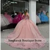 Robes quinceanera rose sweet 16 robes fleurs appliques en cristal perles d'anniversaire robes de fête vestido de 15 robe de bal corset