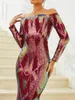 Abiti casual Missord 2024 Elegante abito da ballo di paillettes stampato rosso donna Slash Neck Mleeve Long Bodycon Mermaid Party Abito da sera femminile