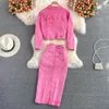 Autumn Women Pink Denim Sets Lapel Long Sleeve Short Jacket High Waist Skirt Korean Female Two Piece Set Streetwear 240510