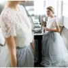 Vintage bohemian krótka top tiulowa spódnica wiejska sukienki ślubne Koronkowe sukienki ślubne z rękawem