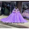 Nouveau design Purple Quinceanera Robe Robe Bouchette Straps Fleurs Appliques Appliques perles Pageant Sweet 15 Prom Party Puffy Train