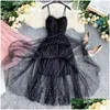 Basic Casual Dresses Summer Bling Stars Sequin Dress Women Vintage V Neck Y Mesh Vestidos Mujer Ladies Spaghetti Strap Party Tle 2022 Dhfpr