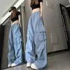 Zoki hiphop y2k lastbyxor kvinnor streetwear harajuku stora fickor avslappnade byxor koreanska lösa hög midje design fasta byxor z 240509
