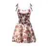 Frauen Badebekleidung Sommer Französisch Vintage Blumenhalter Kleid V-Ausschnitt Ärmellose A-Linie süße kurze Geburtstagsfeier Camisole Kleider