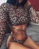 Long Sleeve 3 Piece Swimsuit High Cut Leopard Cover Up Push Bikini Separate Sports Bandage Bathing Suit Thong Swimwear 240509