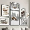 s Wall Art Canvas Winter Snow House Pine Tree Renideer Nordic Plakaty Malowanie i druki zdjęcia ścienne do wystroju salonu J240505