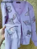 Tricots pour femmes Knit Korean Style Purple paillettes en tricot en tricot de printemps automne V-Col à manches longues Loublons pontas de motif pour femmes