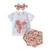 Kläduppsättningar Småbarn Girl Summer Outfit Letter Print Kort ärm T-shirt-toppar och ko Head/Boots Shorts pannband 3 st.