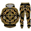 Luksusowy złoty wzór nadruk 3D Zestaw dresowy zamek błyskawiczny Casualne bluza z kapturem 2PCS ZESTAWY ZAGodzone Bluza Modna Men Ubrania 240507