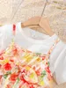 Наборы одежды 2pcs Summer Child Girl Set Set Shot-рукав белая футболка цветочные брюки Свежая пастырская одежда для детей 4-7 лет