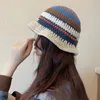 Winter Korean Handmade Crochet Striped Bucket Hat Women Retro Contrast Color Warm Fisherman Hat Girl Fashion Knitted Beanies Hat 240430