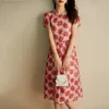 Parti Elbiseleri Boho Kırmızı Çiçek Kısa Kollu Diz Uzunluk Elbise Bayanlar 2024 Yaz Moda Yüksek Bel Tatil Plajı Vestidos De Mujer