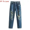 Women's Jeans Y2K Women's Blue Vintage Long Streetwear Torn Embellished Loose 43652