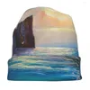 Berets Rich Golden Sunset Over Sea Beach Beanie Birthday Gifts Idea Streetwear Beanies Modern Impressionism Original Oil Painting Hat