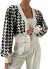 Dames plus size truien dames duizend vogel checker knop v-hals lantaarn mouwen korte vest trui mode top