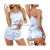 Women's Sleepwear Womens Y Lace Satin Satin Piajama Set Nightwear Sleeveless Topssshorts 2 PCs Piajama per donne Pijama Drop Delivery Dhegn