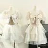 Festklänningar sommar fransk mode fairy bow klänning kvinnor kort ärm elegant a-line ruffles y2k mini koreansk kawaii bollklänning