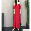 Basic casual jurken A Line y Summer Beach Red Chiffon Dress Cold Ruffles Split Maxi White Women Party Off Shoder Elegant Long Drop de Dhqja