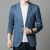 Koreansk stil män blå grå smal fit blazers mörk rutig mönster stickad tyg dräkt male fritid kläder våren Autumn 240507