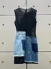 Zweier style colorblock patchwork denim designer kleider für Frauen runde Hals Ärmel und hohe Taille Spleißtaschen Kleid Frau 240510