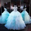 Ruffled Organza Skirt Quinceanera Dresses 2023 with Pearl Beaded Bodice Sheer High Neck Lace up Backless Light Sky Blue Prom Puffy Ball 252O