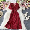 2024 Botones Rojo Elegante Sexy Dres Summer Vneck Polka Polka Dot Vestido Midi Vestidos divididos de Fiesta ropa 240509