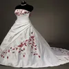 White Satin Red Embroidered Wedding Dresses Plus Size Ball Gown For Bride 2022 Strapless Lace-up Pleats Draped Vintage Wedding Gowns 239K