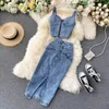 AMOLAPHA Women Jeans Tank Vestskirts Set Woman Girls Slim Denim Straps Tops Buttons Maxi kjol kostymer 240510