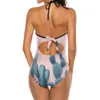 Frauen Badebekleidung Serenity Cacti auf Rosenquarz Hintergrund Frauen gedruckt ein Stück sexy Rückenless Badeanzug gegen Nacken Sommerstrand Kee