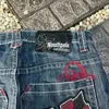 Pattern trasversale geometrico ricamato pantaloncini di jeans oversize per uomini anni 2000 harajuku hip hop high waist pantaloni y2k baggy 240510