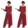 2019 Tre -stycken Crimson Mother of the Bride Pant Suits With Jacke Chiffon Custom Made Long Sleeve Wedding Guest Dress Outfit 301y