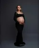 マタニティドレス写真撮影のためのマタニティドレス黒い長袖バックレス妊娠