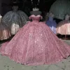 Glitter Pink Sweetheart Shiny Quinceanera Ball Suknia z ramion koronkowe koraliki Crystal Tull Mexican Sweet 16 Sukienki 15