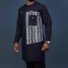Kaftan 2 Piece Sets Mens Outfit Pockets Printed Top Shirt Trousers African Ethnic Style Traditional Clothing Mens Suit Party 240426