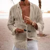 Men's Casual Shirts Cotton Linen Men Lapel Long Sleeve Shirt Tops Pleated Thin Solid Color Single Breasted V-neck Breathable