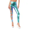 Frauenhose Damen Metallic Shiny PU Leder Seite hohl aus Strumpfhosen Leggings hohe Taille O-Ring Stretch Yoga Lange dünne Punkhosen