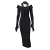 Abiti casual XeeMilo Black Mesh Ruffles Abito da sera Temperamento rotondo Collar Slim maniche lunghe Maxi Women Elegant Party Club Robe