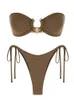 Solid O Ring 2024 Badeanzug für Frauen Krawatte Seit glänzender Metallhardware Bandeau Bikini Badebekleidung gepolstert Bra Top Low Taille 240509