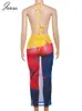Joskaa Bikini Yellow Bikini avec maille imprimée Voir à travers une jupe à la hanche longue 3 pièces Tenues de femmes Summer Holiday Beachwear 240508