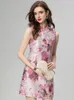 Robes décontractées Seasixiang Fashion Designer Robe d'été Collier de sténose pour femmes Sans manches perles de fleur Imprimé chinois Style