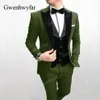 Gwenhwyfar formale Männer Anzüge Armee Green 2019 Slim Fit Velvet Revers Bräutigam Anzug Herren Tuxedo Blazer Hochzeitsanzüge 3 Stücke 178o