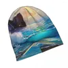 Berets Rich Golden Sunset Over Sea Beach Beanie Birthday Gifts Idea Streetwear Beanies Modern Impressionism Original Oil Painting Hat