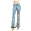 Jeans pour femmes florales brodées crêpées slim ajustement décontractée évasée pantalon large pantalon haute taille jean femme