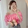 Blouses pour femmes Femmes Summer Style Tops Lady Casual Short Puff Sleeve Stand Collar une épaule imprimée Blusas Korean Murffon