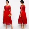 Red Full Lace Plus-size formele jurken Sheer Bateau Lange Mouw avondjurken thee Lengte A-lijn moeder van de bruid 326s