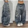 Frauen Jeans Street Retro Jeans New Y2K Harajuku Wäsche blaue Multi -Taschen -Jeans Herren hoher Taille Wide Pocketsl2405