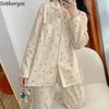 Vêtements de nuit pour femmes pyjama sets pêche imprimé à manches longues confortable décontractée lâche douce belle insoux confortable pyjamas de poche simple